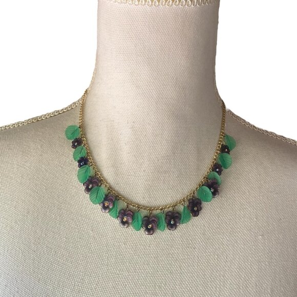Glass Works Studio Green Glass Purple Enamel Flower Dainty Charm Necklace 18" - Picture 1 of 10